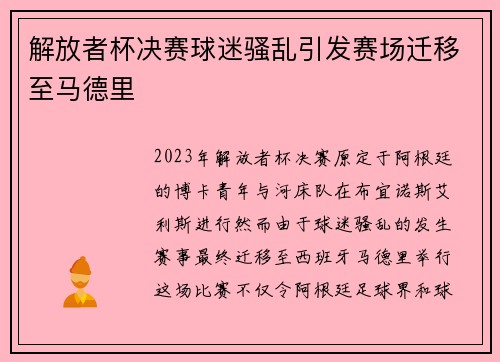 解放者杯决赛球迷骚乱引发赛场迁移至马德里